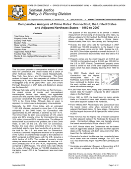 Comparative Analysis of Crime Rates: Connecticut, the United States and Adjacent Northeast States – 1960 to 2007