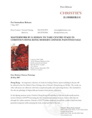 Masterwork by Li Keran to Take Centre Stage in Christie’S Hong Kong Modern Chinese Paintings Sale
