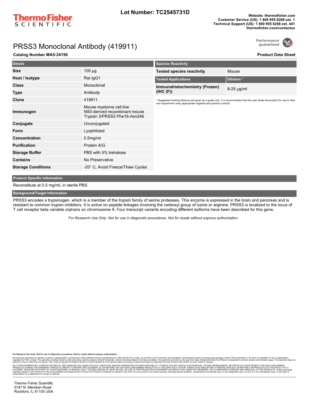 PRSS3 Monoclonal Antibody (419911) Catalog Number MA5-24156 Product Data Sheet