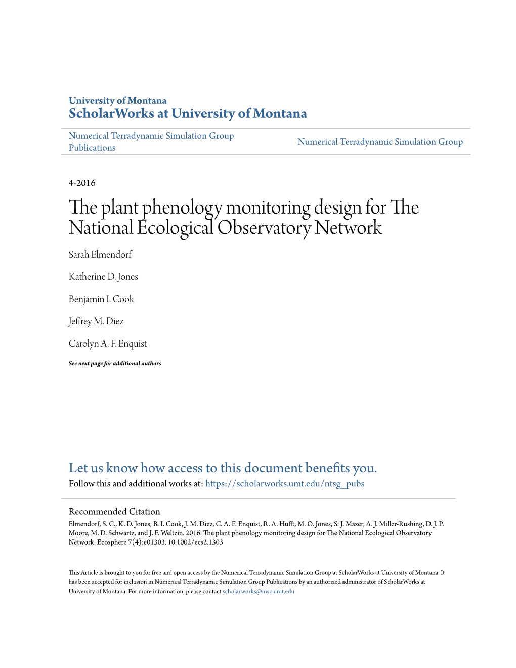 The Plant Phenology Monitoring Design for the National Ecological Observatory Network Sarah Elmendorf