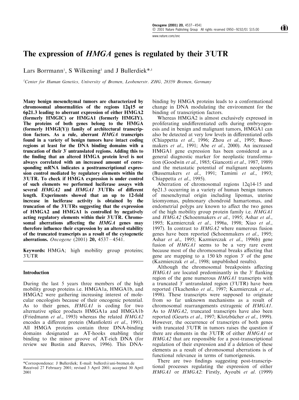 The Expression of HMGA Genes Is Regulated by Their 3Оutr