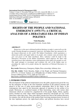 Rights of the People and National Emergency (1975-77): a Critical Analysis of a Debatable Era of Indian Politics