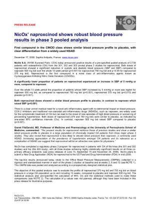 Nicox' Naproxcinod Shows Robust Blood Pressure Results in Phase 3