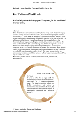 Ross Watkins and Nigel Krauth Radicalising the Scholarly Paper