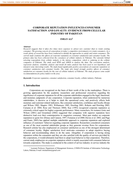 Corporate Reputation Influences Consumer Satisfaction and Loyalty: Evidence from Cellular Industry of Pakistan