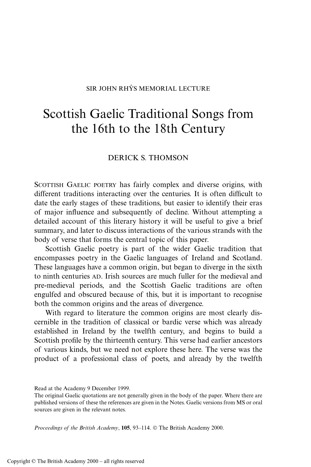 Scottish Gaelic Traditional Songs from the 16Th to the 18Th Century
