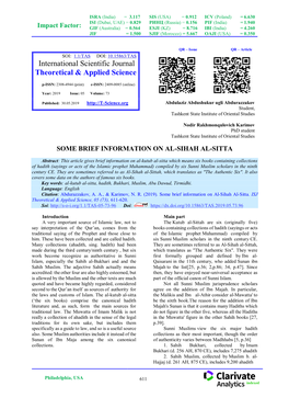 Some Brief Information on Al-Sihah Al-Sitta. ISJ Theoretical & Applied Science, 05 (73), 611-620