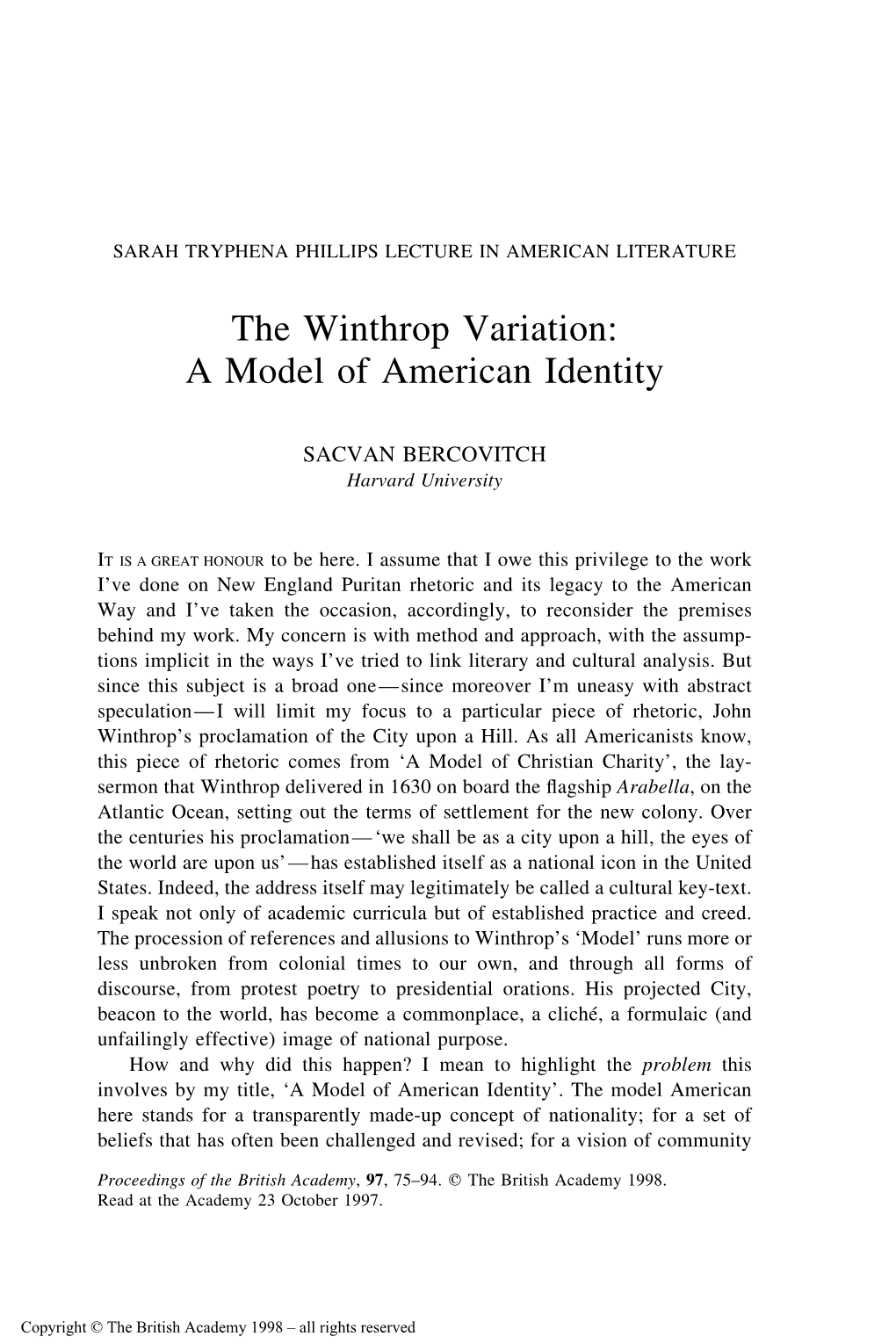The Winthrop Variation: a Model of American Identity