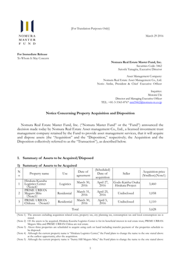 Notice Concerning Property Acquisition and Disposition (Hirakata