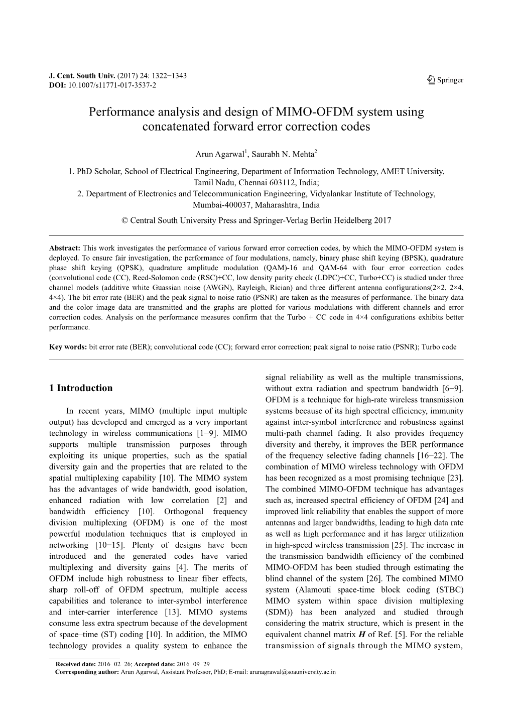 Performance Analysis and Design of MIMO-OFDM System Using Concatenated Forward Error Correction Codes