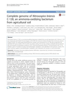 Complete Genome of Nitrosospira Briensis C-128, an Ammonia-Oxidizing Bacterium from Agricultural Soil Marlen C