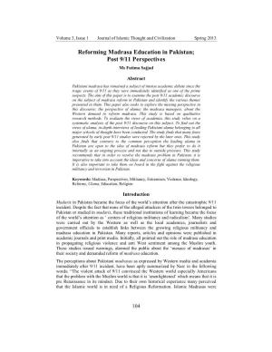 Reforming Madrasa Education in Pakistan; Post 9/11 Perspectives Ms Fatima Sajjad