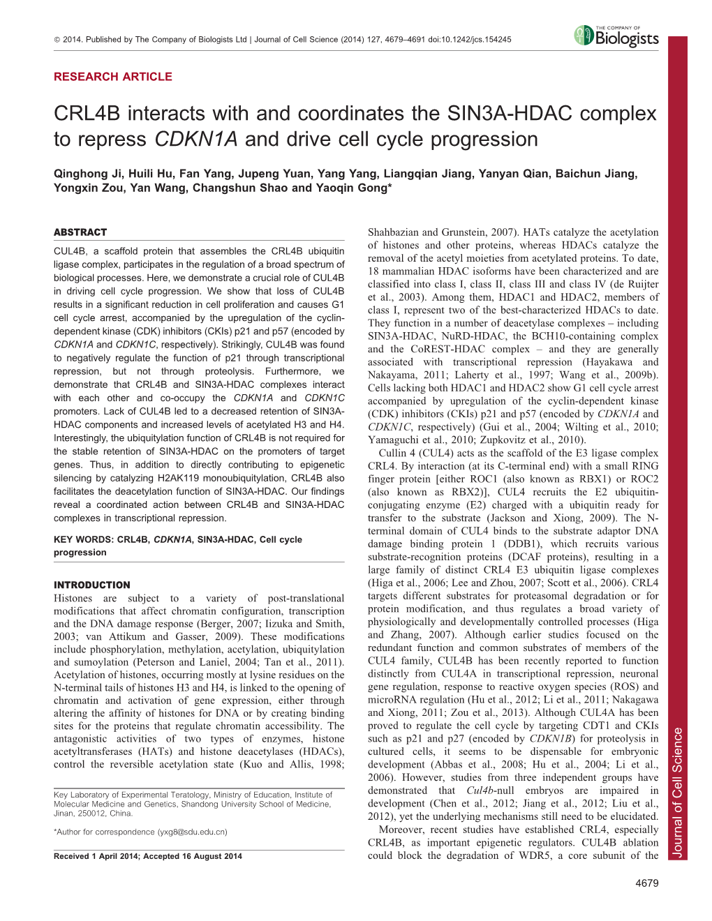 CRL4B Interacts with and Coordinates the SIN3A-HDAC Complex To
