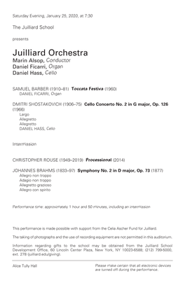 Juilliard Orchestra Marin Alsop, Conductor Daniel Ficarri, Organ Daniel Hass, Cello