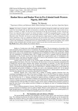 Ibadan Slaves and Ibadan Wars in Pre-Colonial South Western Nigeria, 1835-1893