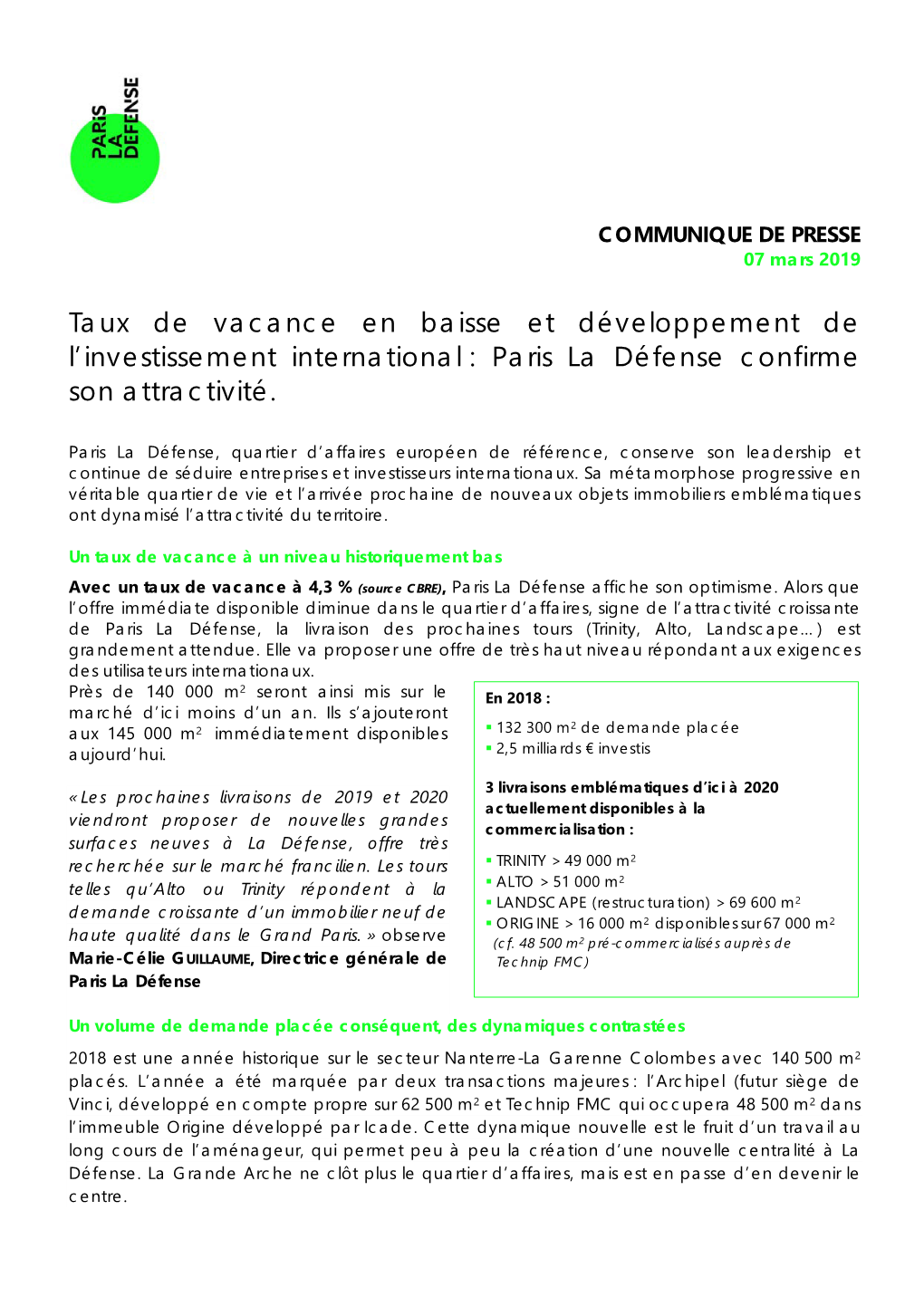 Taux De Vacance En Baisse Et Développement De L'investissement International : Paris La Défense Confirme Son Attractivité