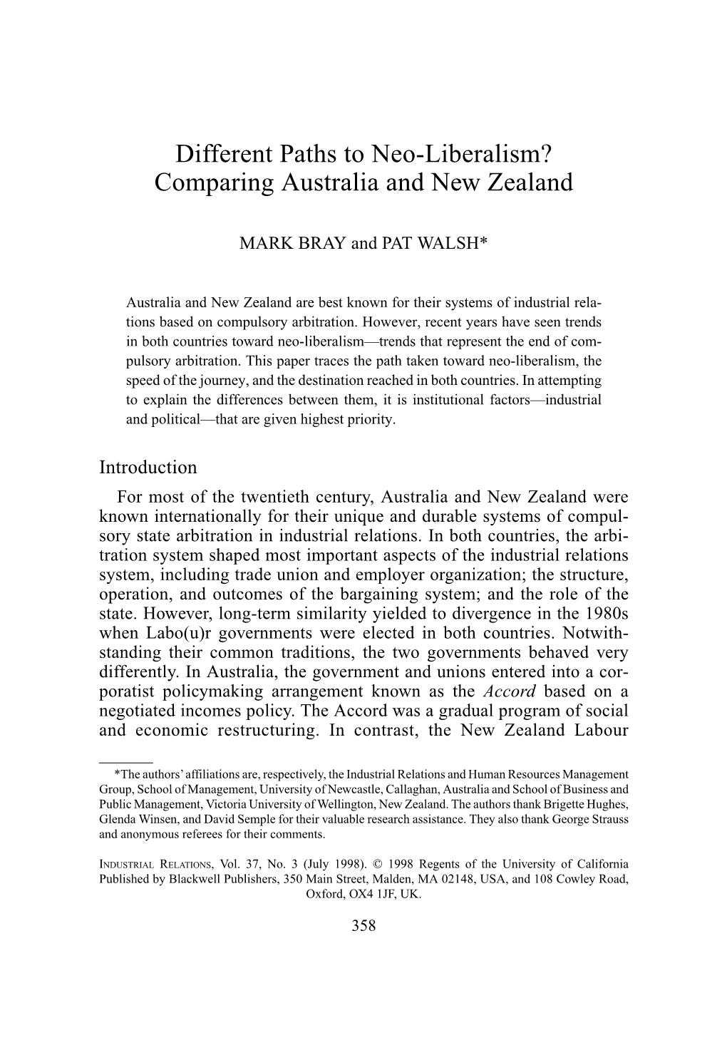 Different Paths to Neo-Liberalism? Comparing Australia and New Zealand