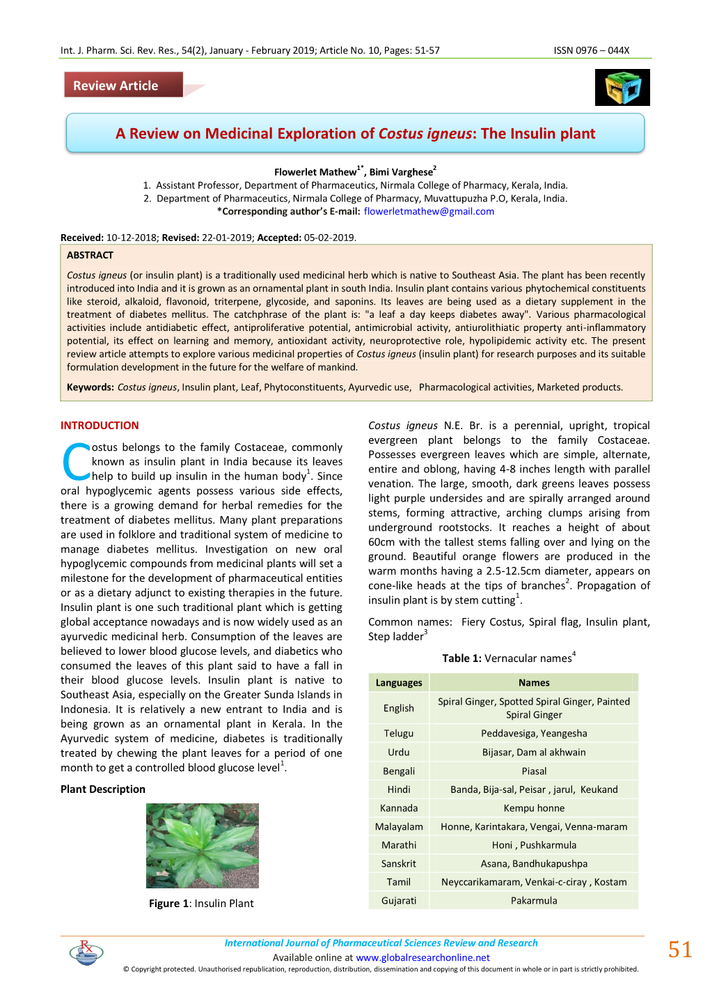 A Review on Medicinal Exploration of Costus Igneus: the Insulin Plant