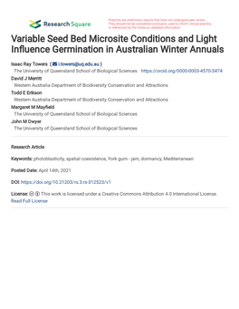 Title: Variable Seed Bed Microsite Conditions and Light Influence Germination in Australian Winter Annuals Article Type: Highlig