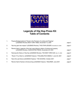 Legends of Hip Hop Press Kit Table of Contents