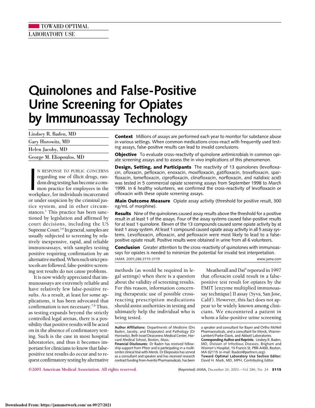 Quinolones and False-Positive Urine Screening for Opiates by Immunoassay Technology