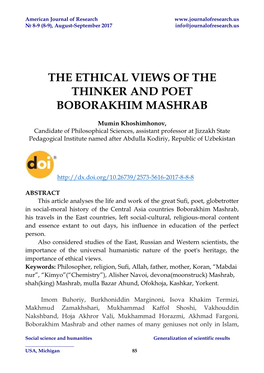 The Ethical Views of the Thinker and Poet Boborakhim Mashrab