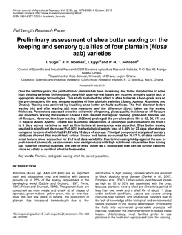 Preliminary Assessment of Shea Butter Waxing on the Keeping and Sensory Qualities of Four Plantain (Musa Aab) Varieties