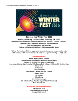 San Jose Jazz Winter Fest 2020 Friday, February 14
