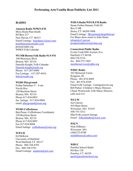 Performing Arts/Vanilla Bean Publicity List 2011 RADIO