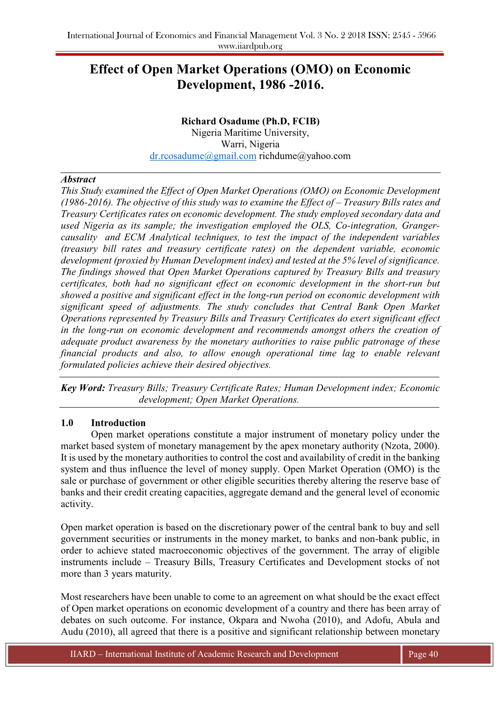 Effect of Open Market Operations (OMO) on Economic Development, 1986 -2016