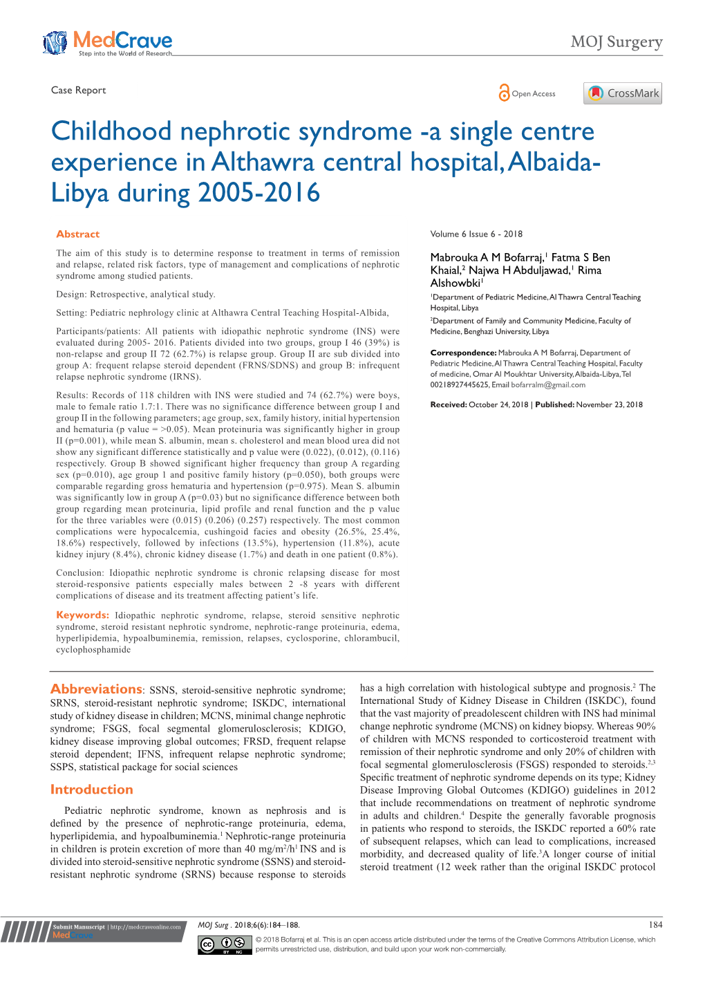 Childhood Nephrotic Syndrome -A Single Centre Experience in Althawra Central Hospital, Albaida- Libya During 2005-2016