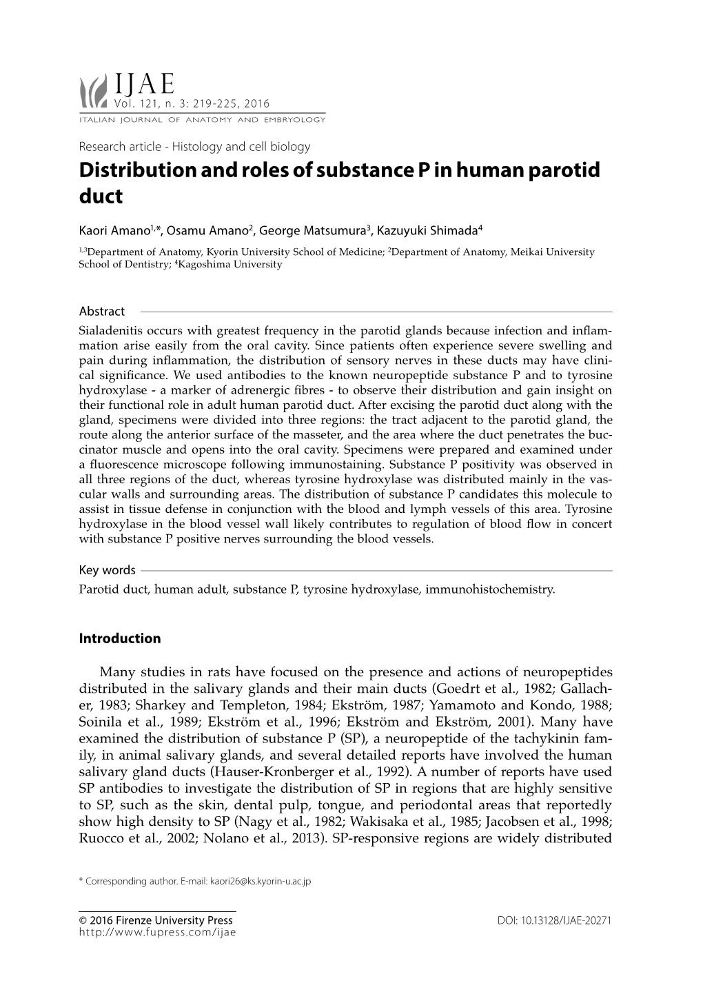 Distribution and Roles of Substance P in Human Parotid Duct