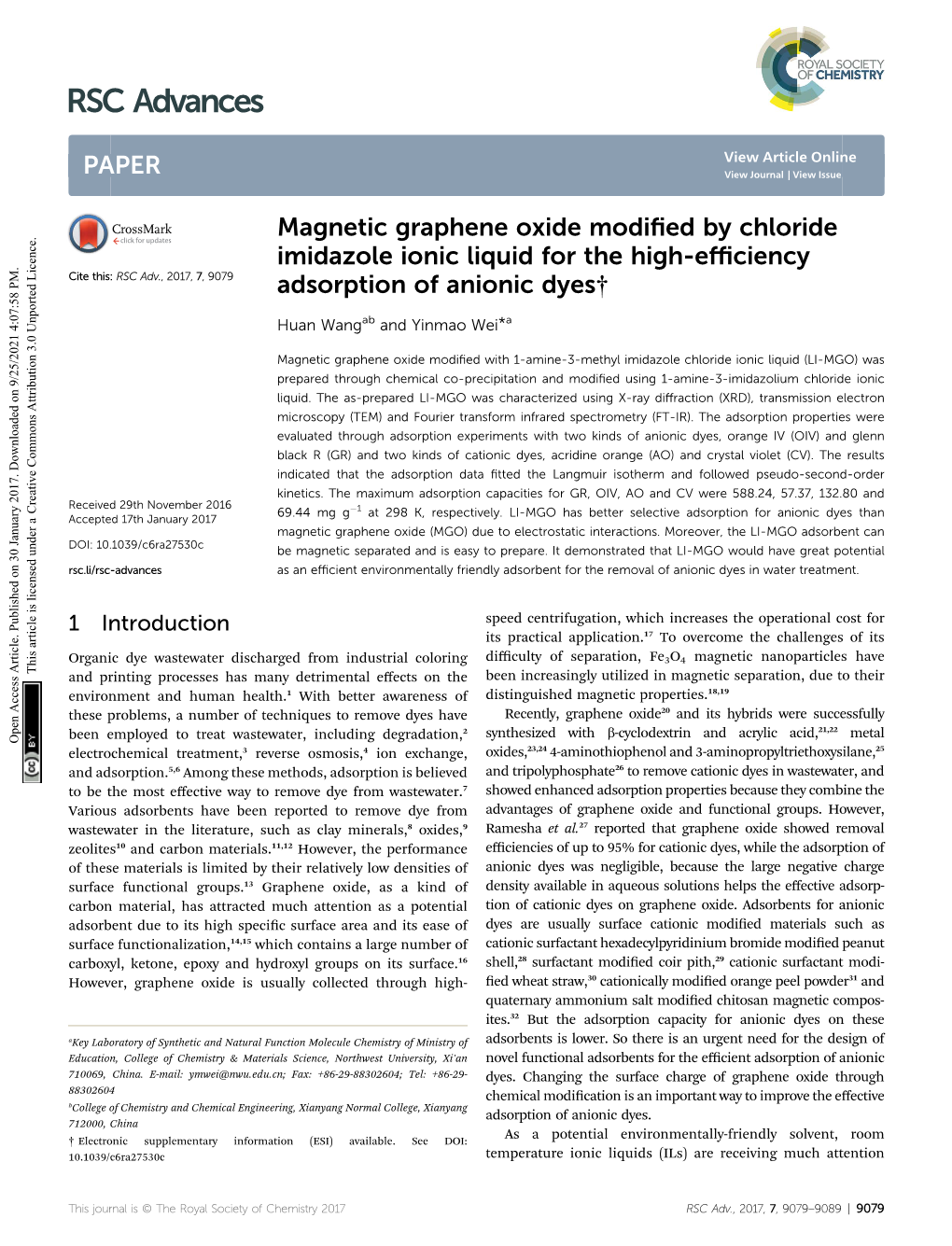 Magnetic Graphene Oxide Modified by Chloride Imidazole Ionic Liquid For