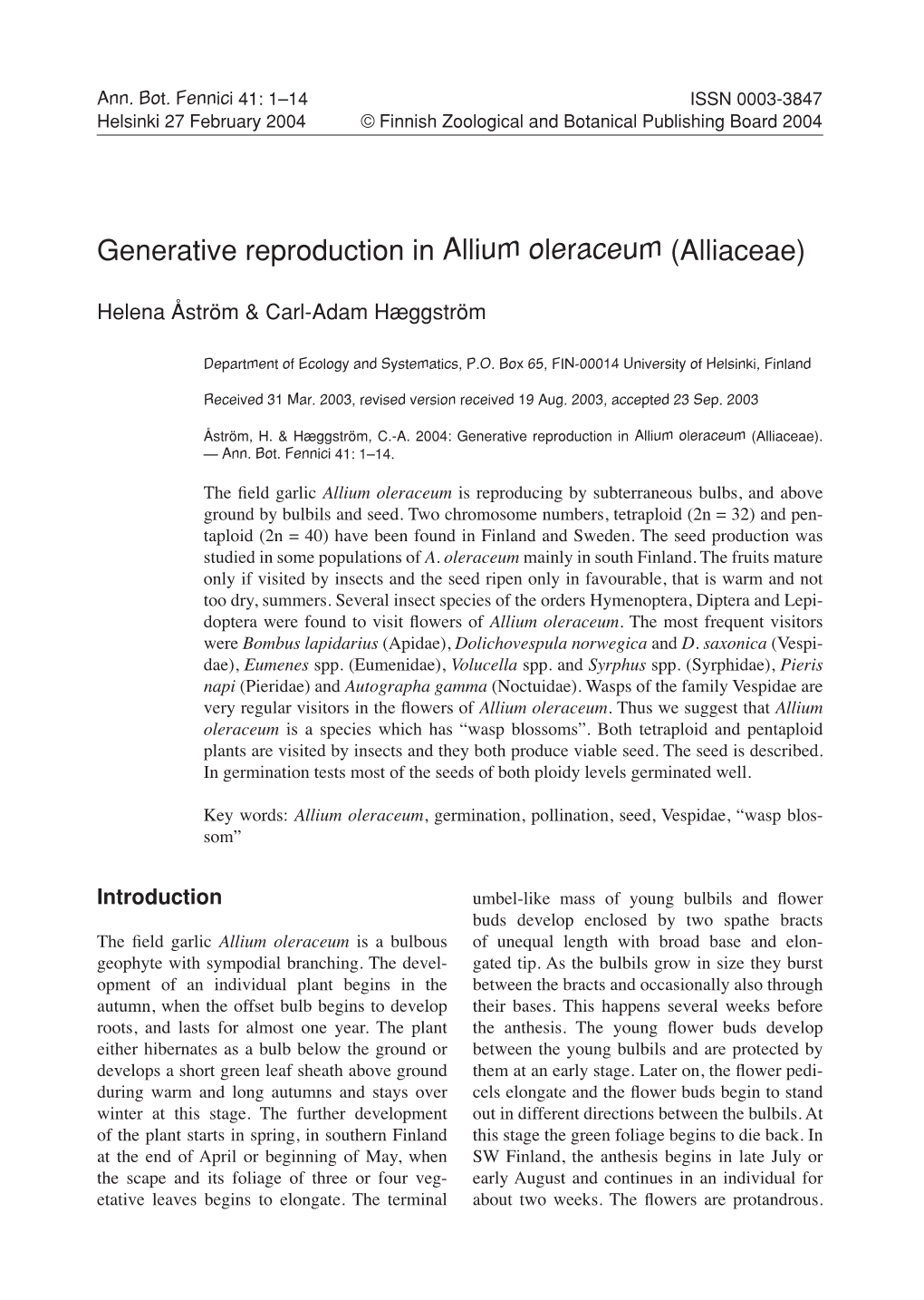 Generative Reproduction in Allium Oleraceum (Alliaceae)