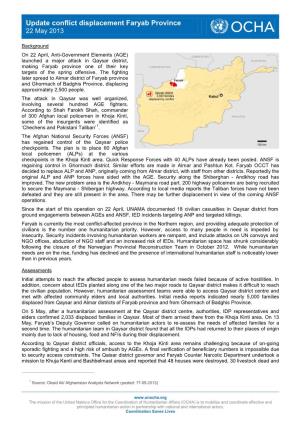 Update Conflict Displacement Faryab Province 22 May 2013