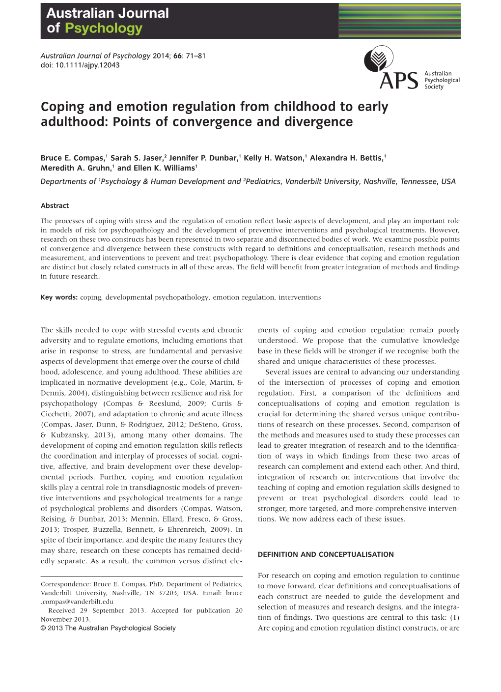 Coping and Emotion Regulation from Childhood to Early Adulthood: Points ...