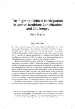 The Right to Political Participation in Jewish Tradition: Contribution and Challenges