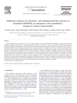 Additional Evidence for Anxiolytic- and Antidepressant-Like Activities of Saredutant (SR48968), an Antagonist at the Neurokinin