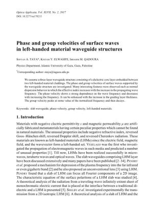Phase and Group Velocities of Surface Waves in Left-Handed Material Waveguide Structures