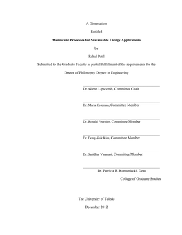 A Dissertation Entitled Membrane Processes for Sustainable Energy