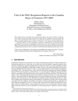 Calls of the Wild: Resignation Requests in the Canadian House of Commons 1957-2008∗