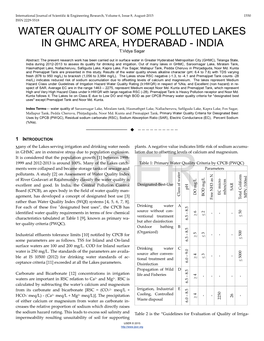 WATER QUALITY of SOME POLLUTED LAKES in GHMC AREA, HYDERABAD - INDIA T.Vidya Sagar