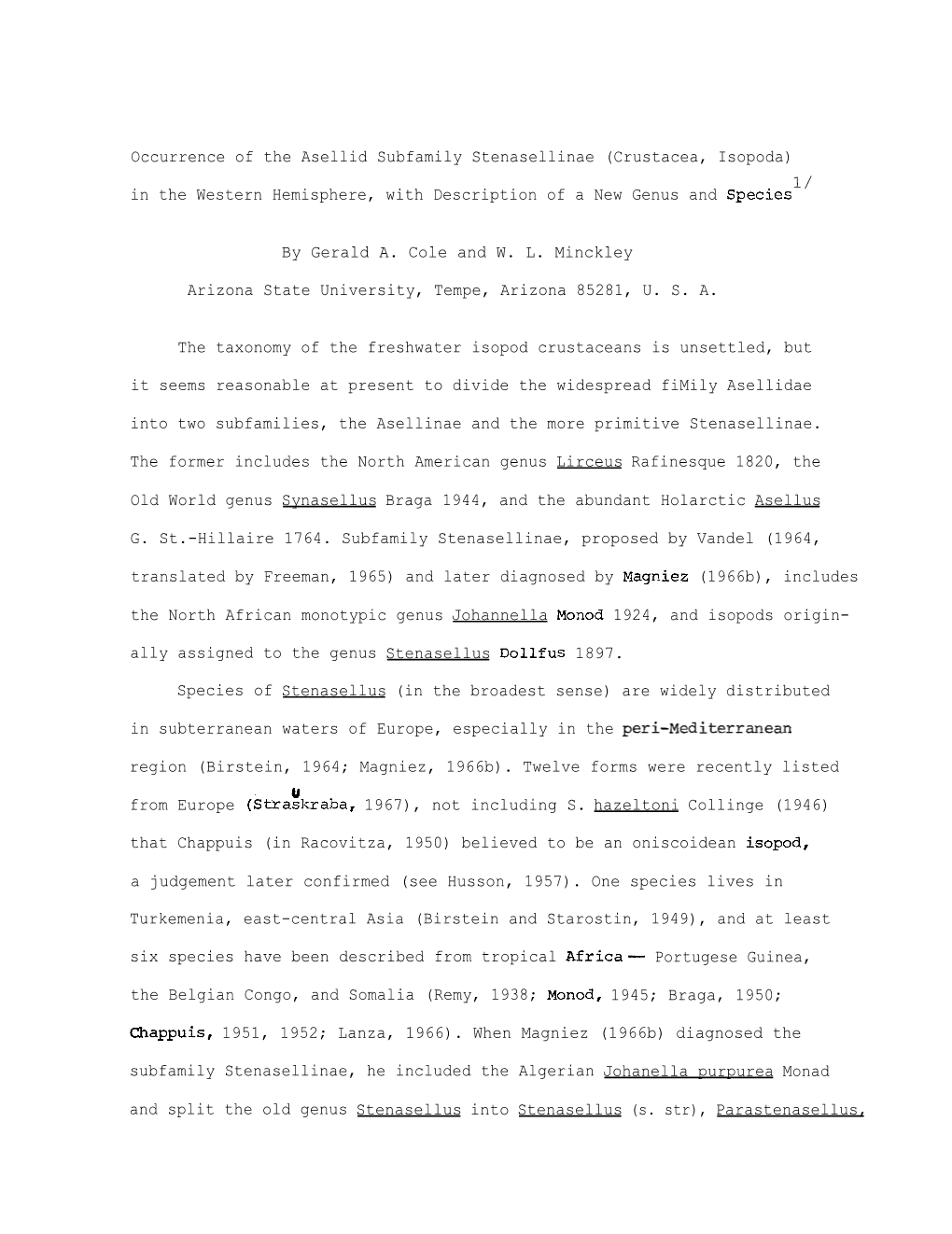 Occurrence of the Asellid Subfamily Stenasellinae (Crustacea, Isopoda) 1/ in the Western Hemisphere, with Description of a New Genus and Species