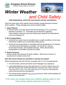 Winter Weather and Child Safety Cold Temperatures, Wind Chill, Snow Storms and Bus Cancellations