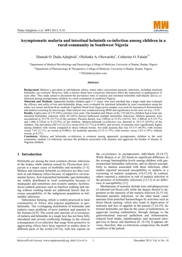 Asymptomatic Malaria and Intestinal Helminth Co-Infection Among Children in a Rural Community in Southwest Nigeria