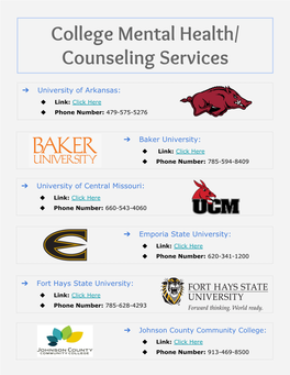 College Mental Health/ Counseling Services
