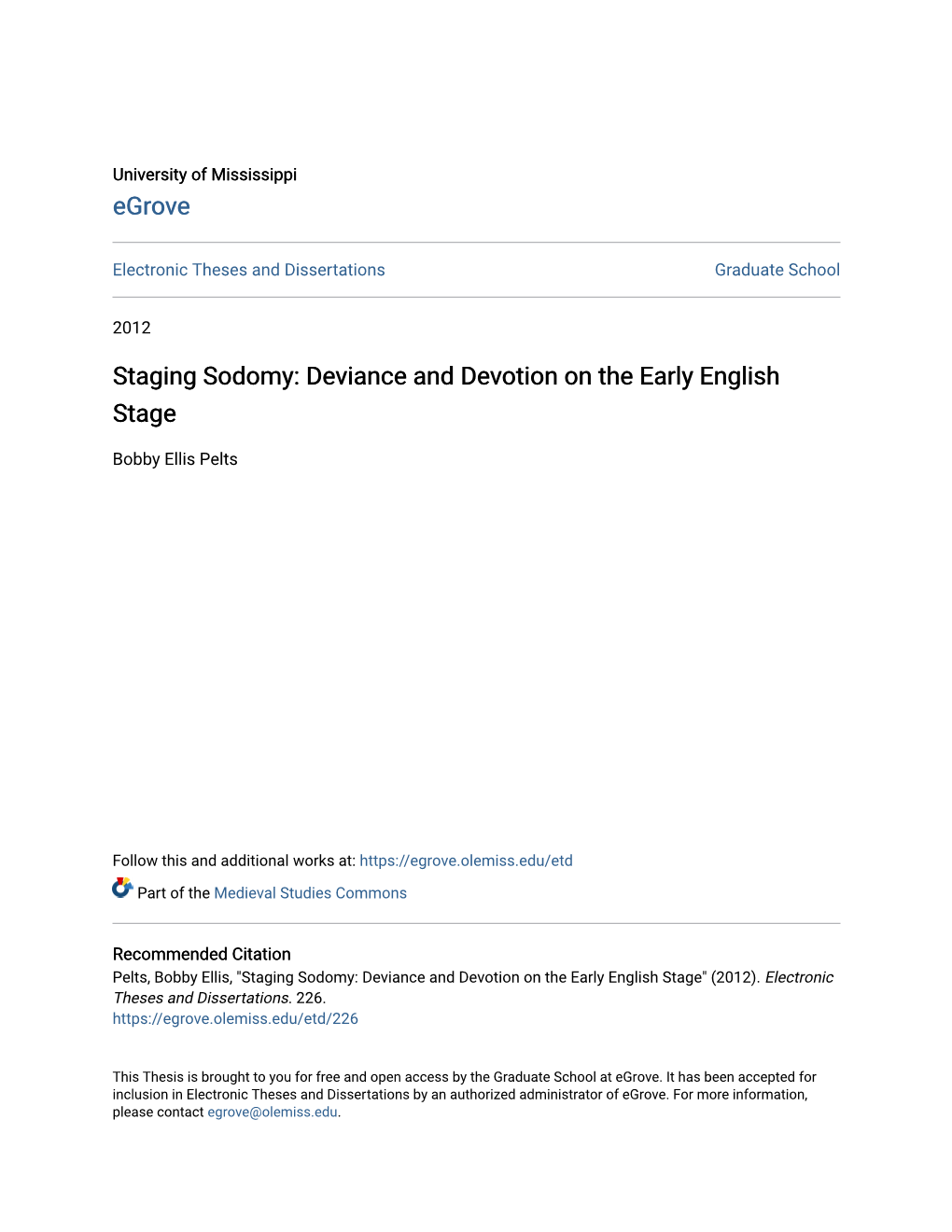 Staging Sodomy: Deviance and Devotion on the Early English Stage