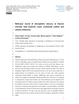 Multi-Year Record of Atmospheric Mercury at Dumont D'urville, East Antarctic Coast: Continental Outflow and Oceanic Influences