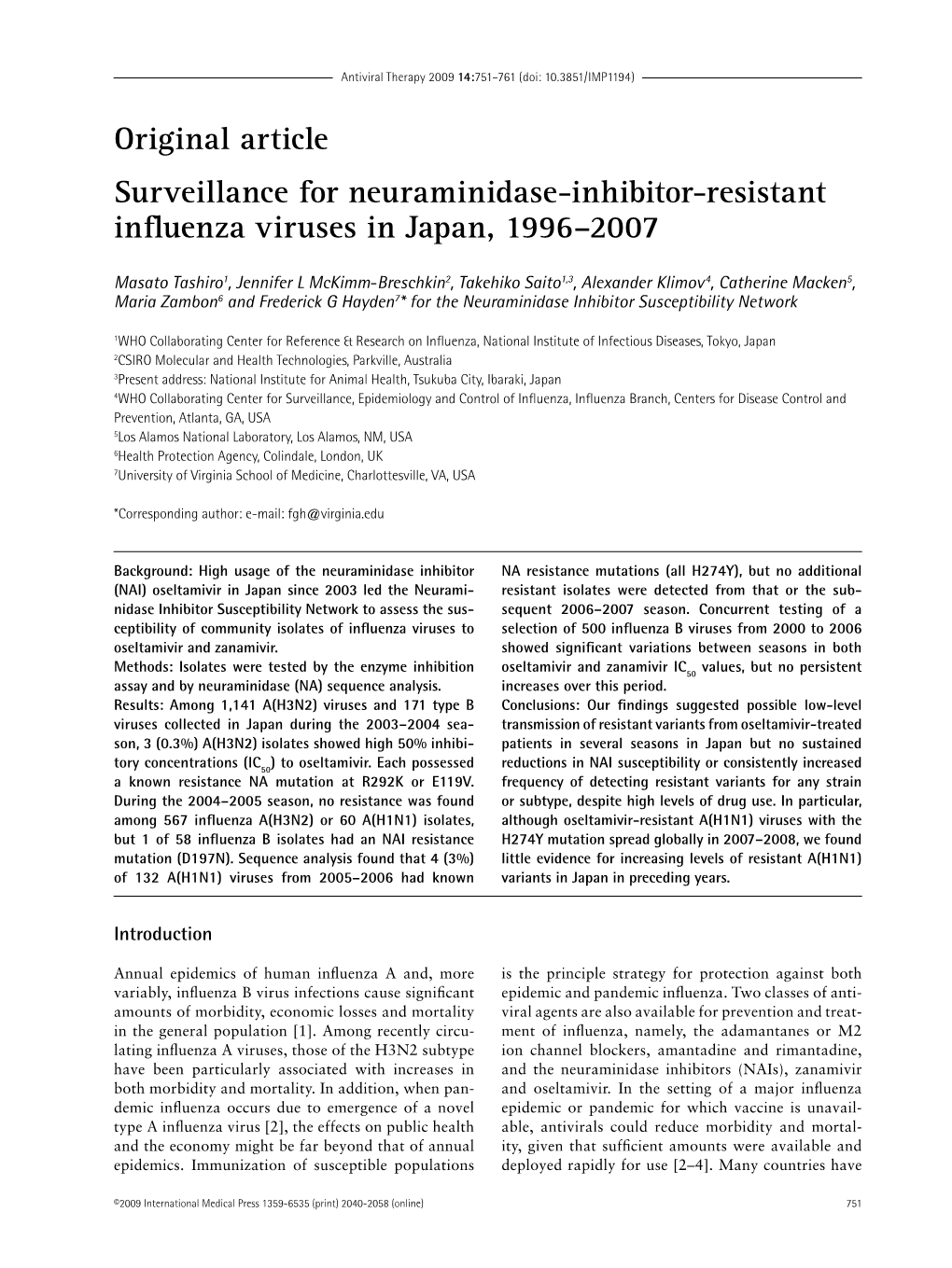 Original Article Surveillance for Neuraminidase-Inhibitor-Resistant Influenza Viruses in Japan, 1996–2007