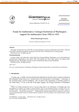 Carnegie Institution of Washington Support for Mathematics from 1902 to 1921